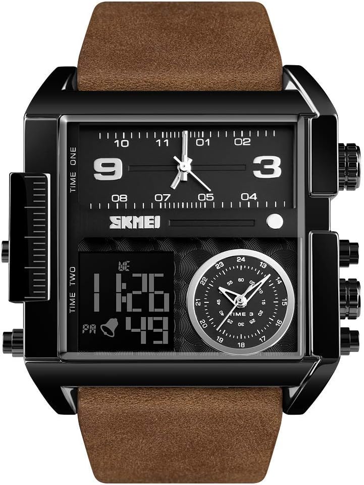 Men Square Large Face Digital Sports Watch,Led Analog Quartz Wrist Watch with Multi-Time Zone 50M Waterproof Stopwatch